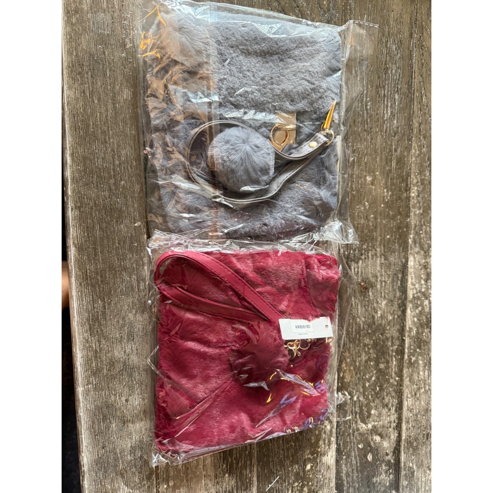 Faux Fur Wristlet Clutch Bags with Pom Pom Charm Grey Burgundy Gold Hardware
